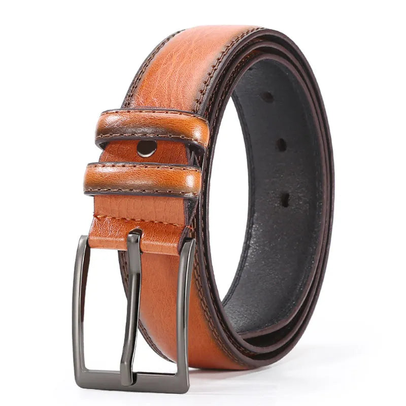 Men's black imitation leather business belt with an alloy pin buckle and laser logo elephant pattern.