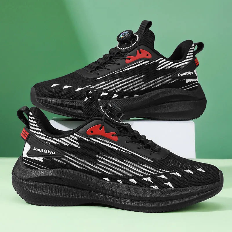 Men's white and green low-top sports shoe with rotating buckle and mesh upper on a flat TPU sole.