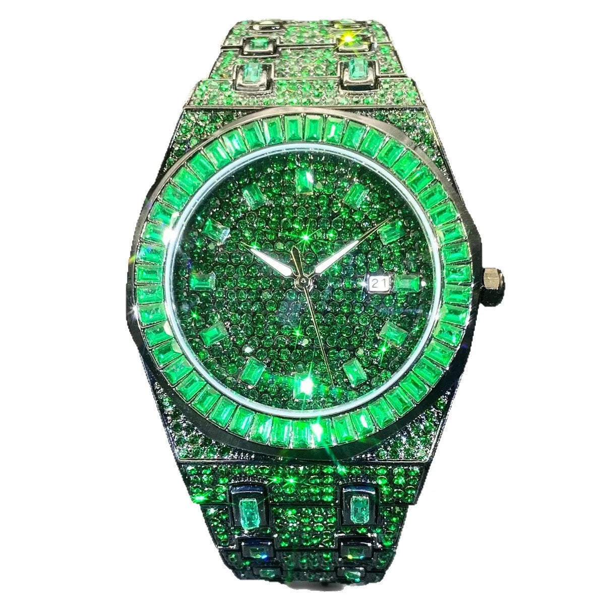 Hip hop men's green full rhinestone quartz watch with alloy case and 13mm thickness