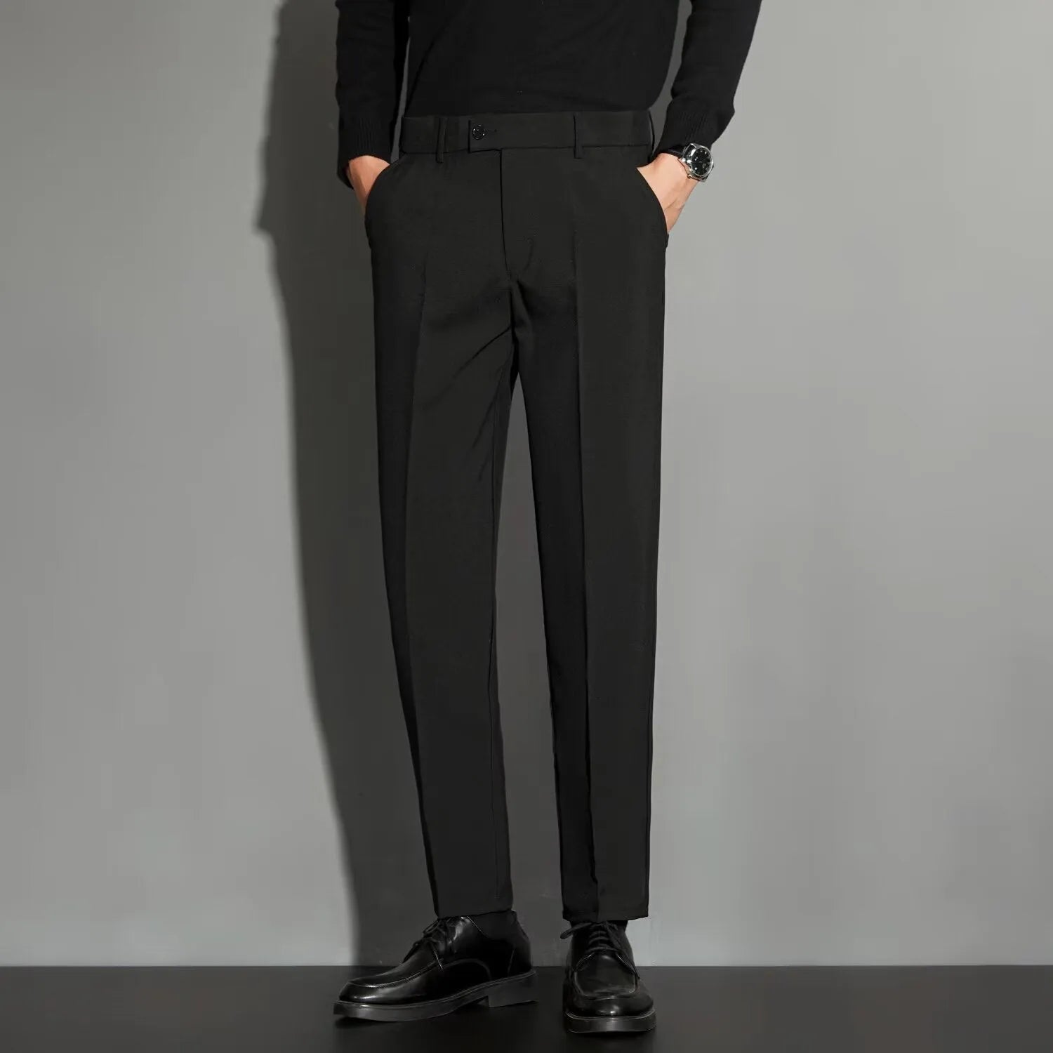 Men's straight ankle-length suit pants in a chemical fibre blend fabric, shown in multiple colours.