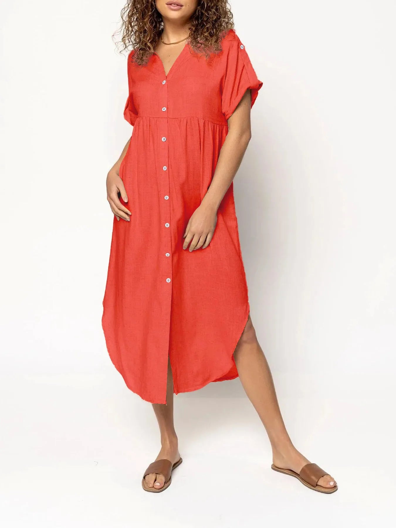 Loose casual button-front mid-length dress in solid colour