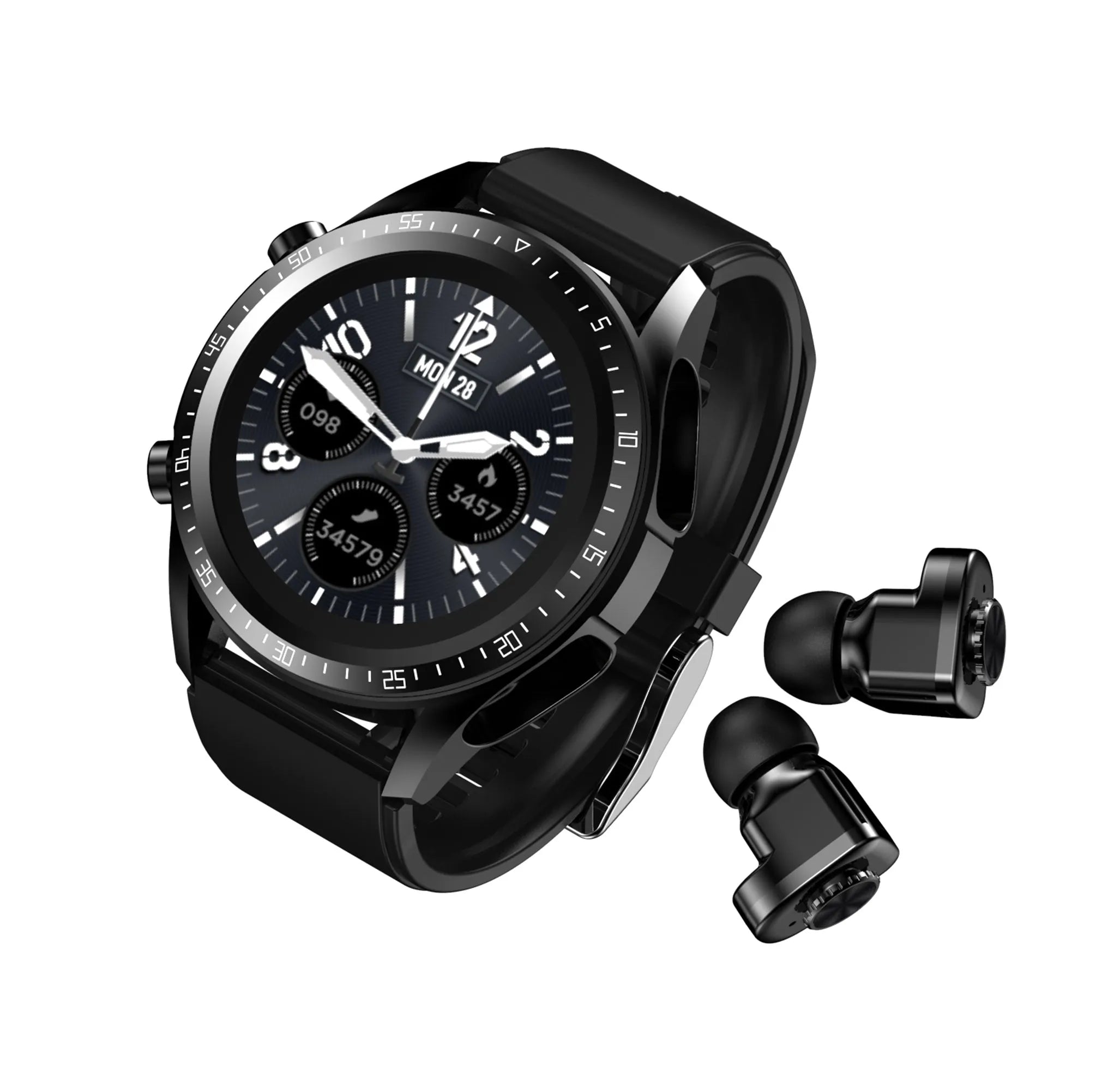 Black stainless steel round dial smart watch with heart rate monitoring and Bluetooth call feature