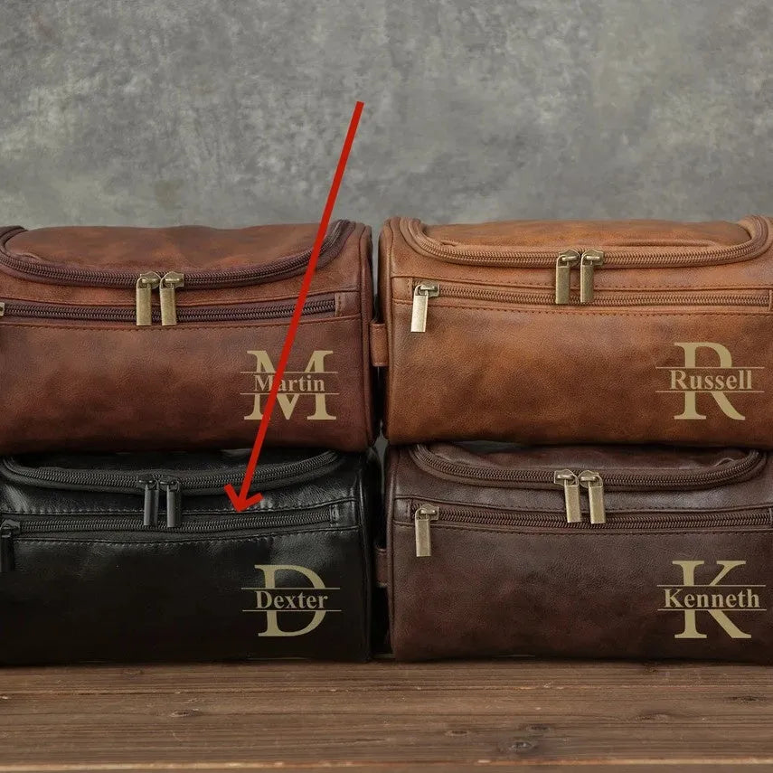 Men's personalised PU leather travel bag shown in four colour options: black, light brown, brown, dark brown.