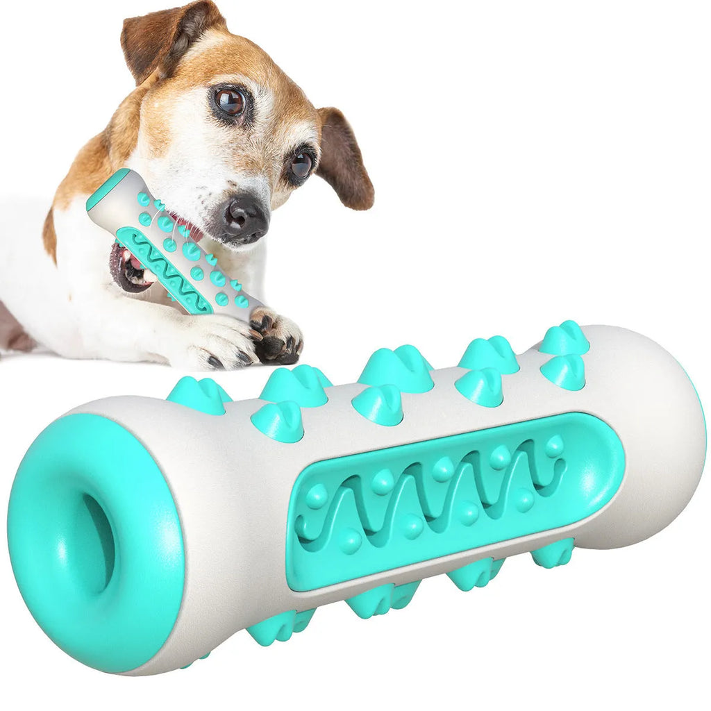 Natural rubber dog dental chew toy with textured cleaning surfaces, 15cm long, in blue colour