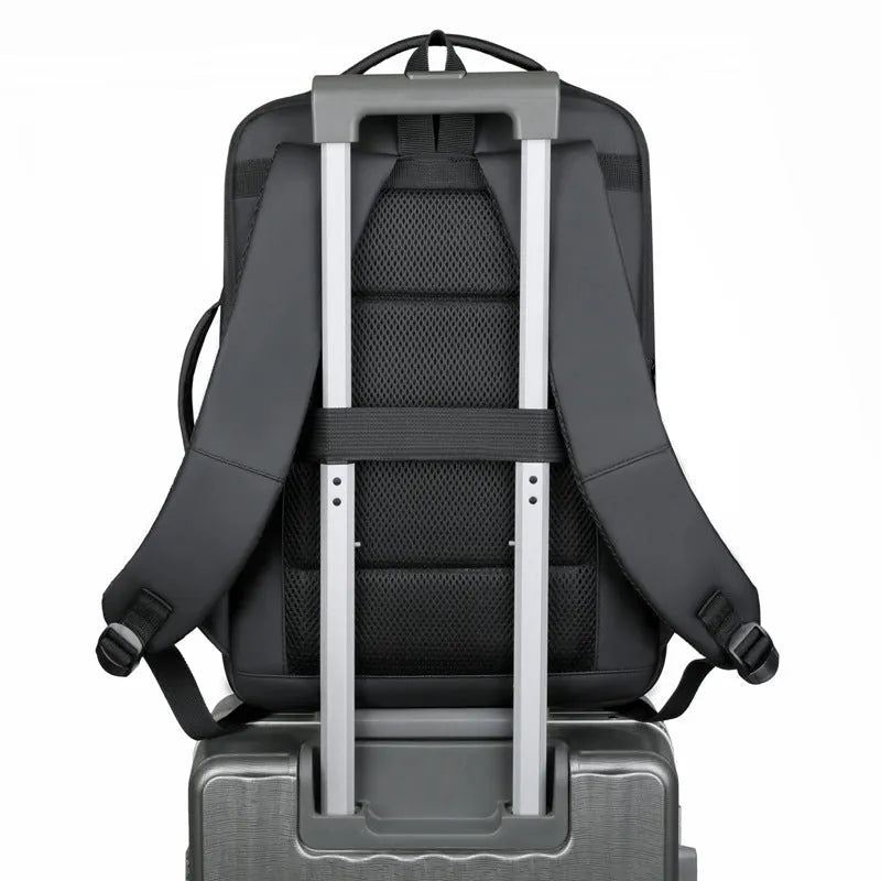 Black waterproof Oxford cloth backpack with curved shoulder strap and business styling