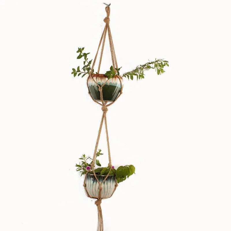 Woven wire plant basket holder with cotton rope construction in desktop and wall hanging styles