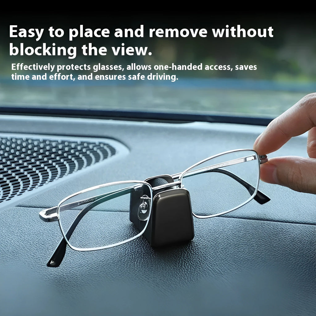 Zinc alloy and leather sunglasses clip for car dashboard in green, black, grey, or red.