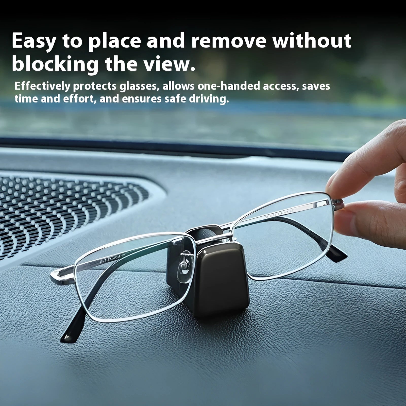Zinc alloy and leather sunglasses clip for car dashboard in green, black, grey, or red.