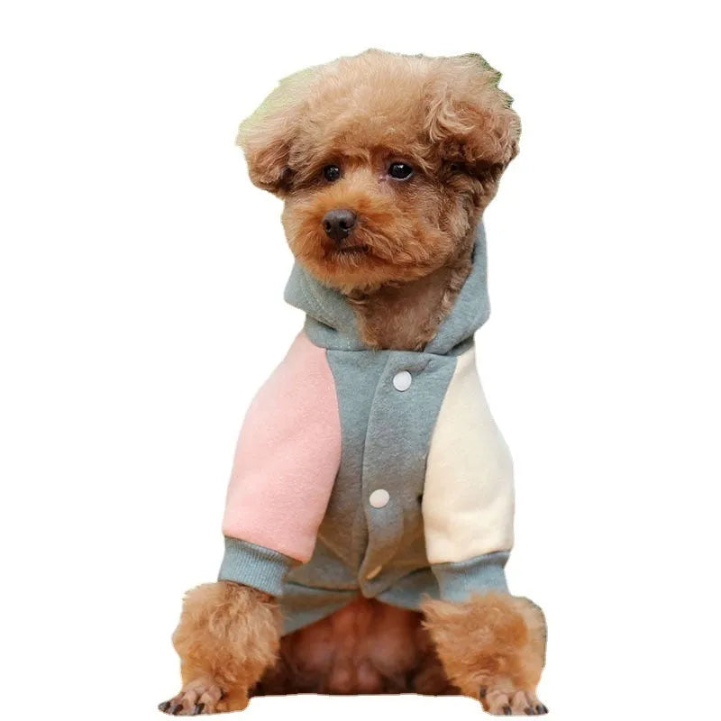 A brown cotton blend dog sweatshirt shown on a mannequin, size label visible.
