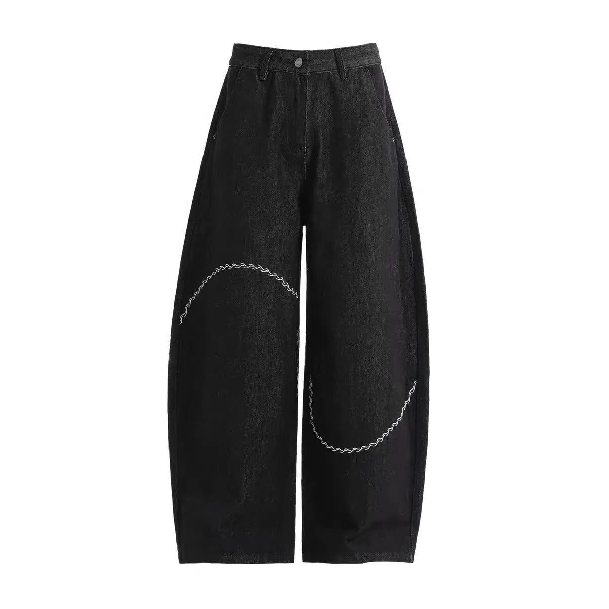 Black straight leg trousers with micro-elastic denim fabric and zip fly opening