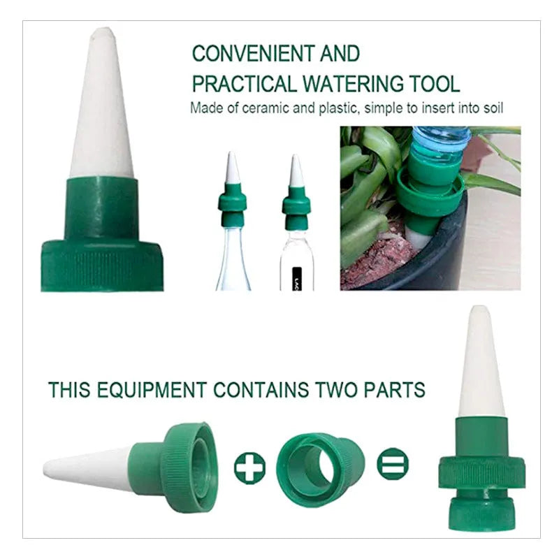 Green ceramic automatic plant dripper attached to cola bottle for watering indoor plants