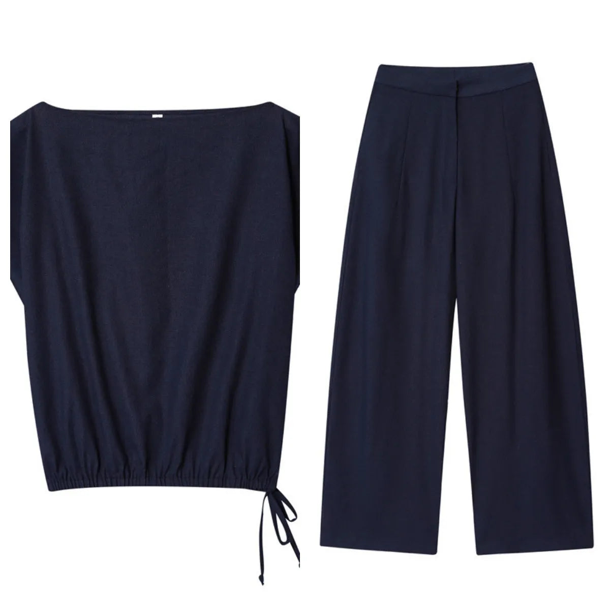 Women's linen-style shirt and wide leg trousers set in coordinating colours with flounce sleeves