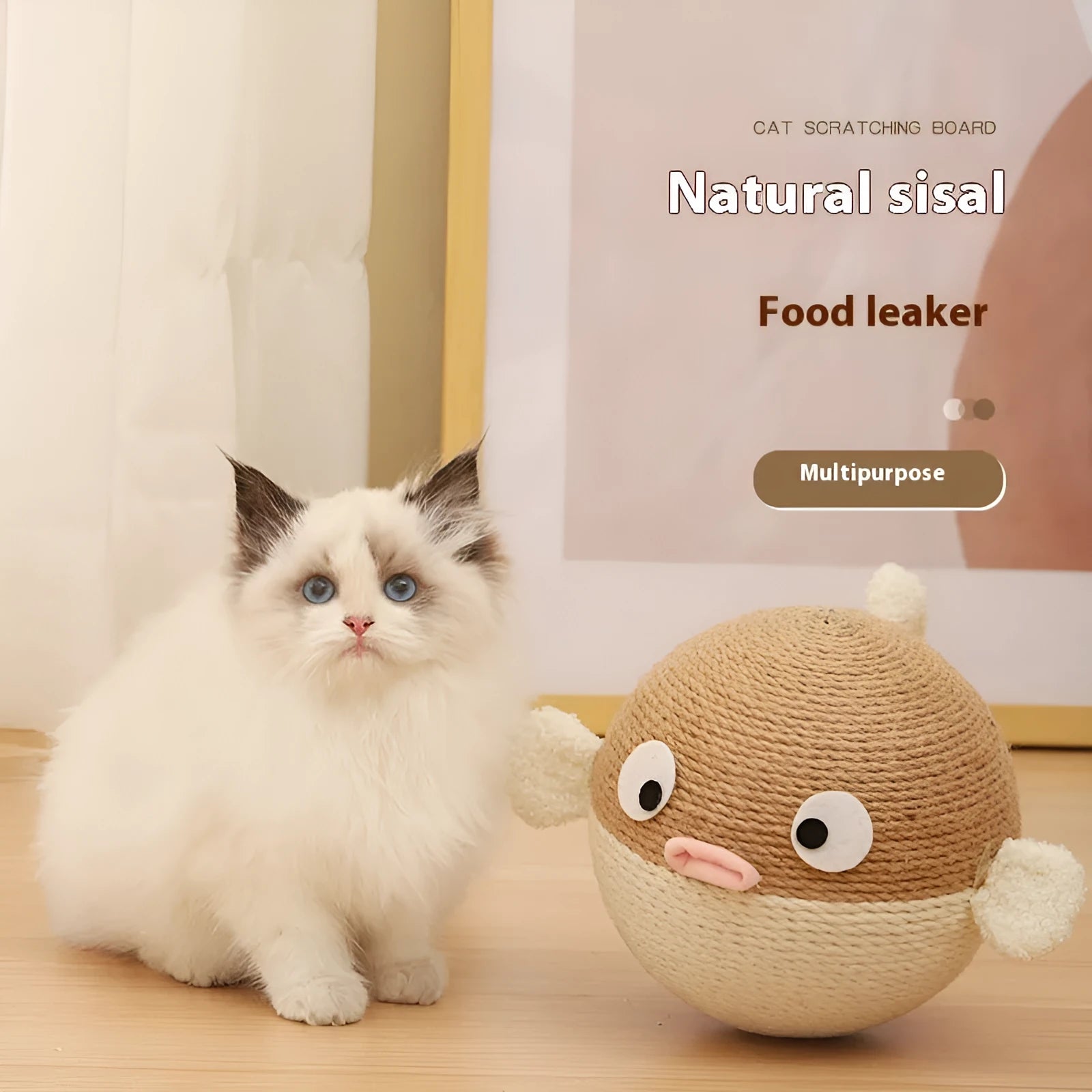 Sisal hemp puffer leakage food feeder puzzle toy for cats and dogs measuring 15cm cube