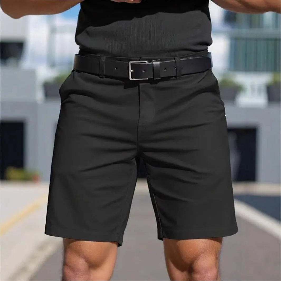 Men's solid colour straight-leg polyester shorts, fifth pants length with micro-elastic fabric