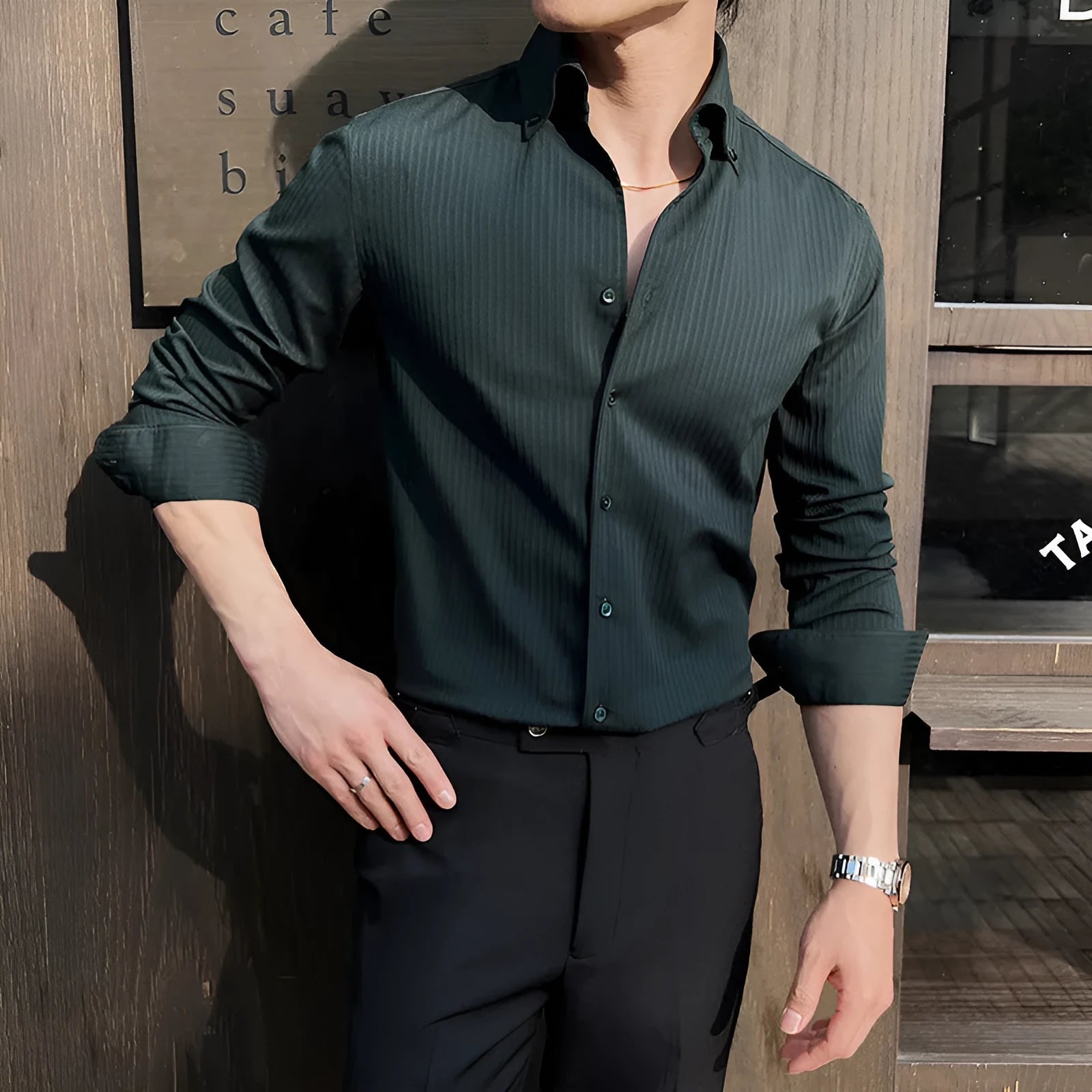 Men's black striped V-neck long sleeve shirt in regular fit cardigan style