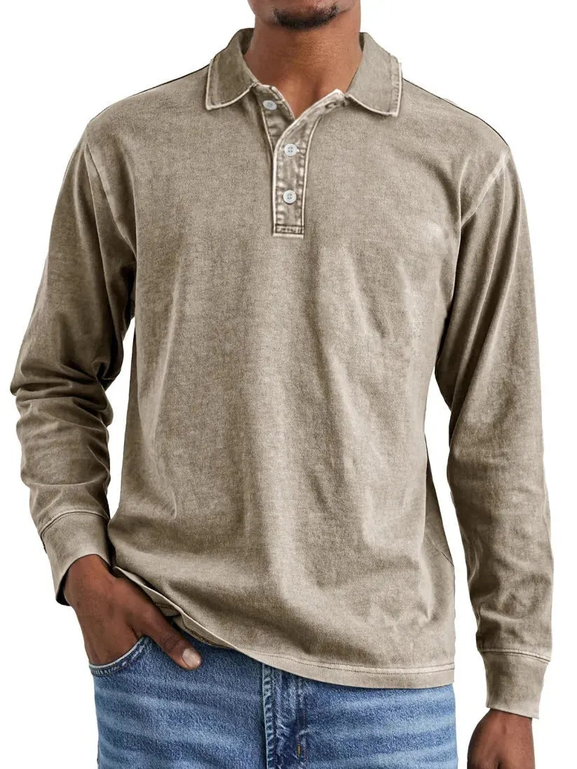 Man wearing a retro washed distressed cotton lapel long sleeve polo shirt in army green.