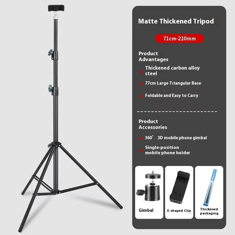 Frosted finish tripod light stand extended to full height with a mobile phone holder attached.