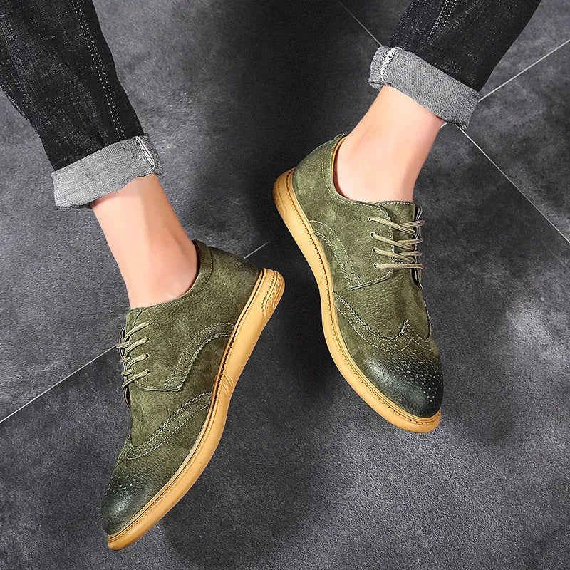 Men's grey genuine leather low-top business shoes with lace-up design and rubber soles