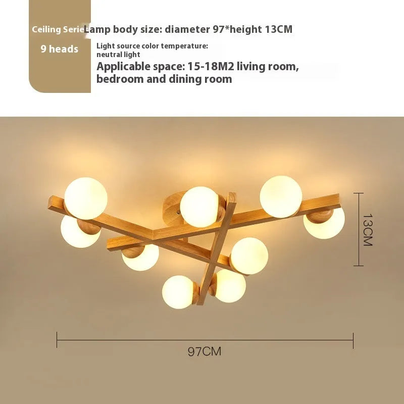 Nordic wooden style ceiling lamp with three adjustable light heads