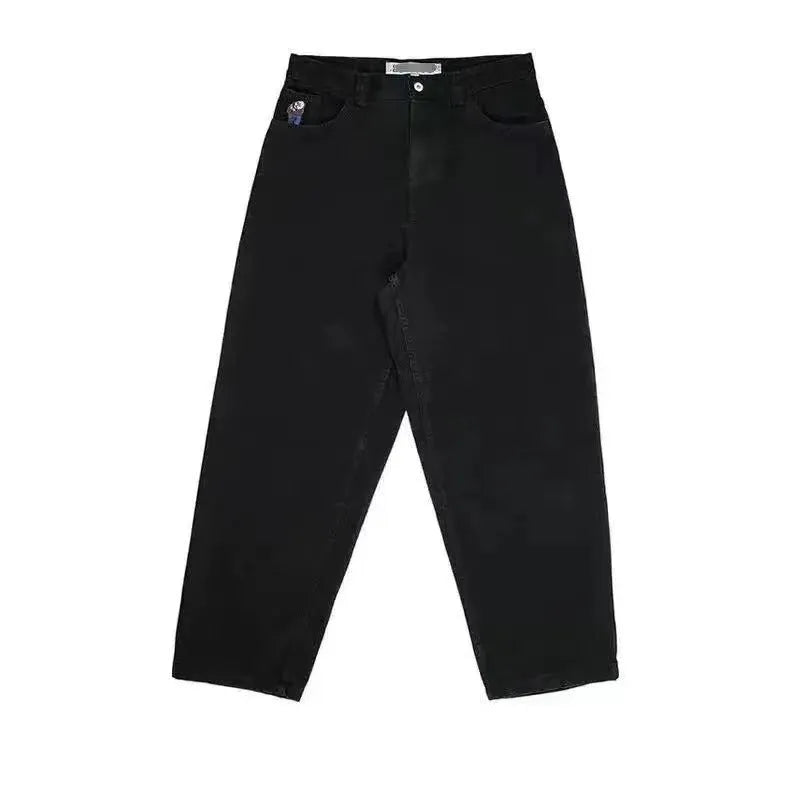 Men's straight-leg jeans with retro pattern printing in dark blue, black, or light blue polyester denim
