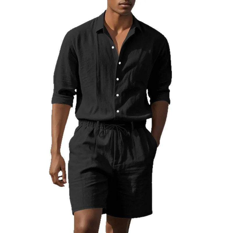 Men's linen long sleeve shirt and matching shorts set for beachwear in various colours.