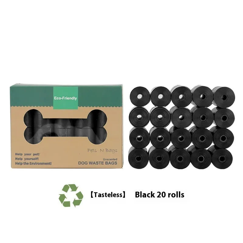 Rolls of green, black, blue, purple and orange degradable pet poo bags with a portable dispenser