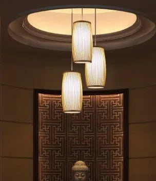 Handwoven bamboo pendant lamp with E27 fitting for hall and staircase lighting