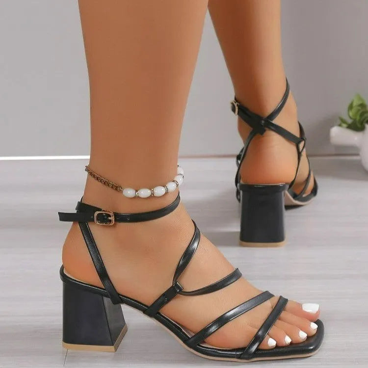 Plus size women's open toe slippers with square toe and ankle buckle strap in beige colour