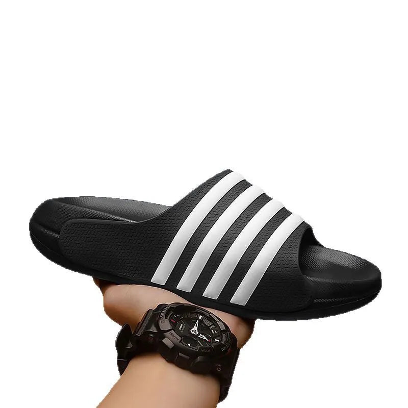 Casual EVA slippers with PVC upper in beige, black and white, blue and white, or green colour options
