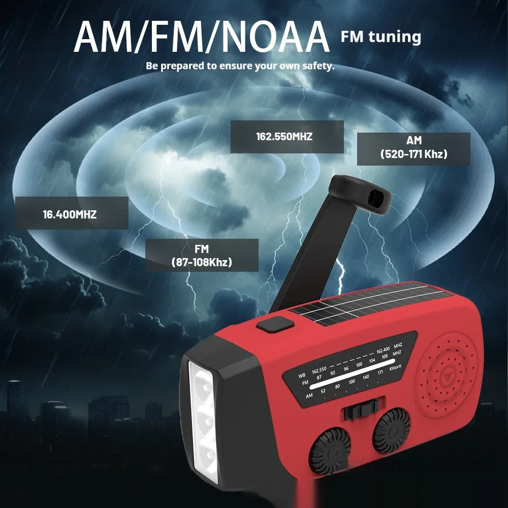 Red rechargeable handheld emergency radio and torch with wrist strap and USB port