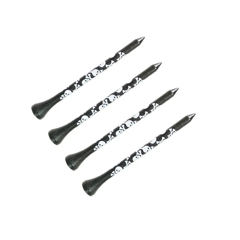 Pack of ten black bamboo golf spike dowel pins with skull print, showing 70mm and 83mm length options