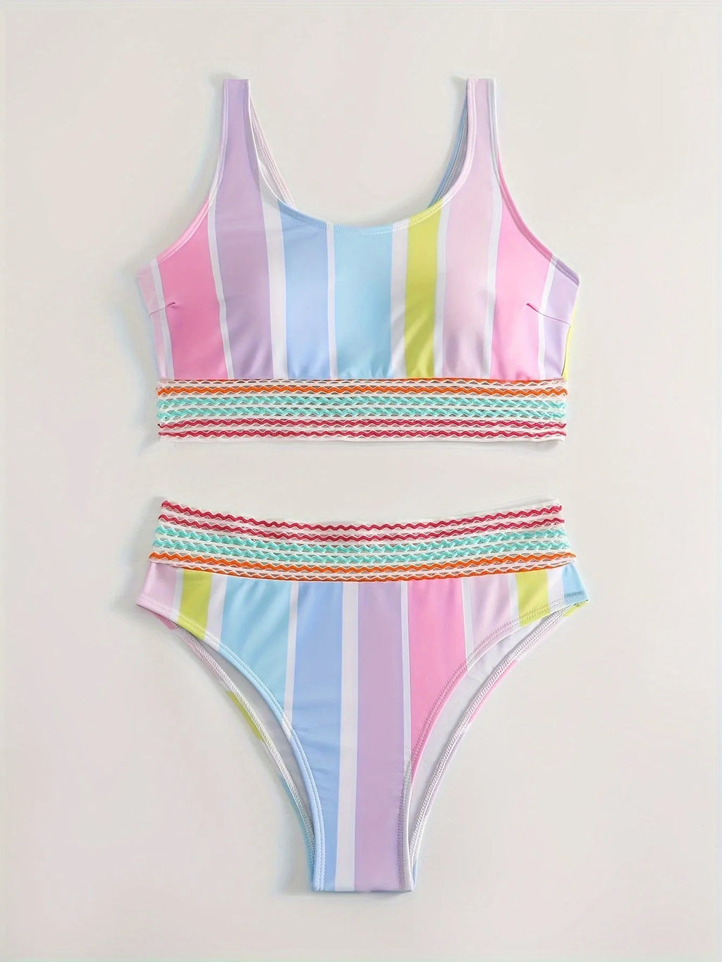 Women's striped bikini set with top and briefs for swimming and sports.