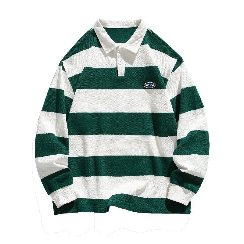 Pearl cotton polo shirt with lapel sweater styling and striped pattern in loose fit long sleeve design