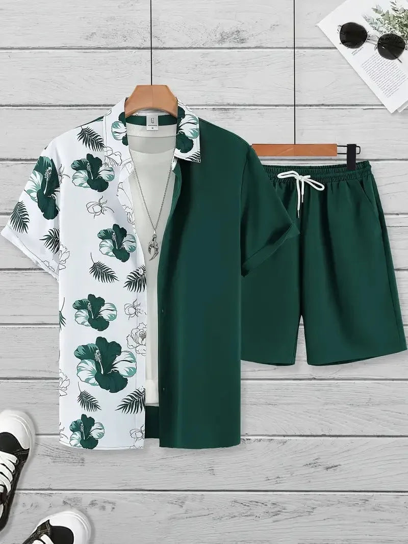Men's Hawaiian patterned short sleeve suit with 3D print design and matching shorts