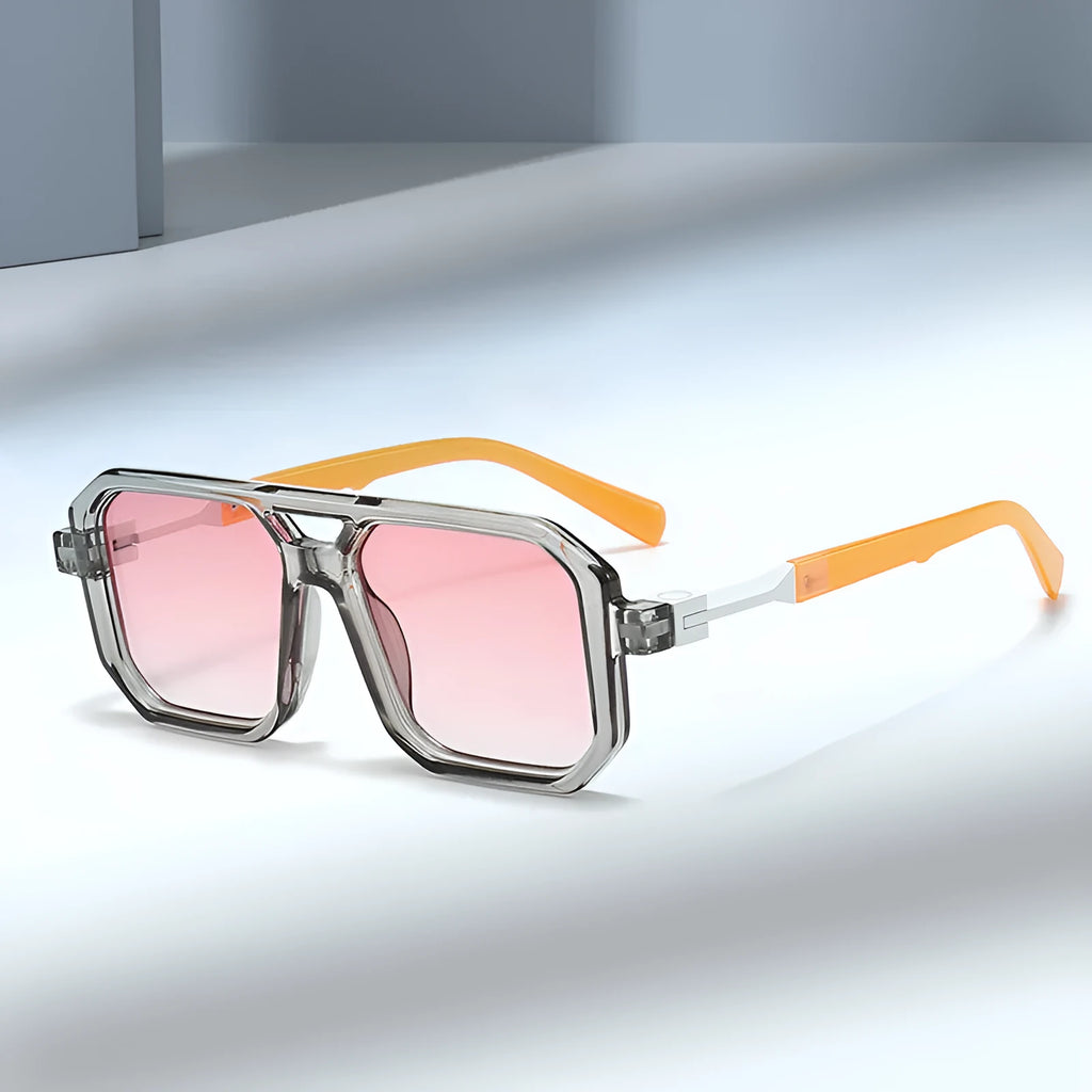 Retro double beam pilot sunglasses with polarised lenses in various colour options including black, blue, and leopard print.