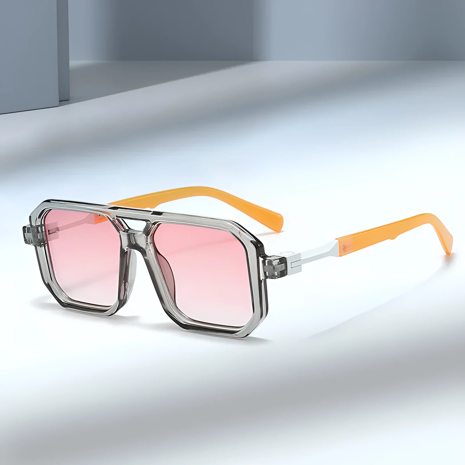 Retro double beam pilot sunglasses with polarised lenses in various colour options including black, blue, and leopard print.