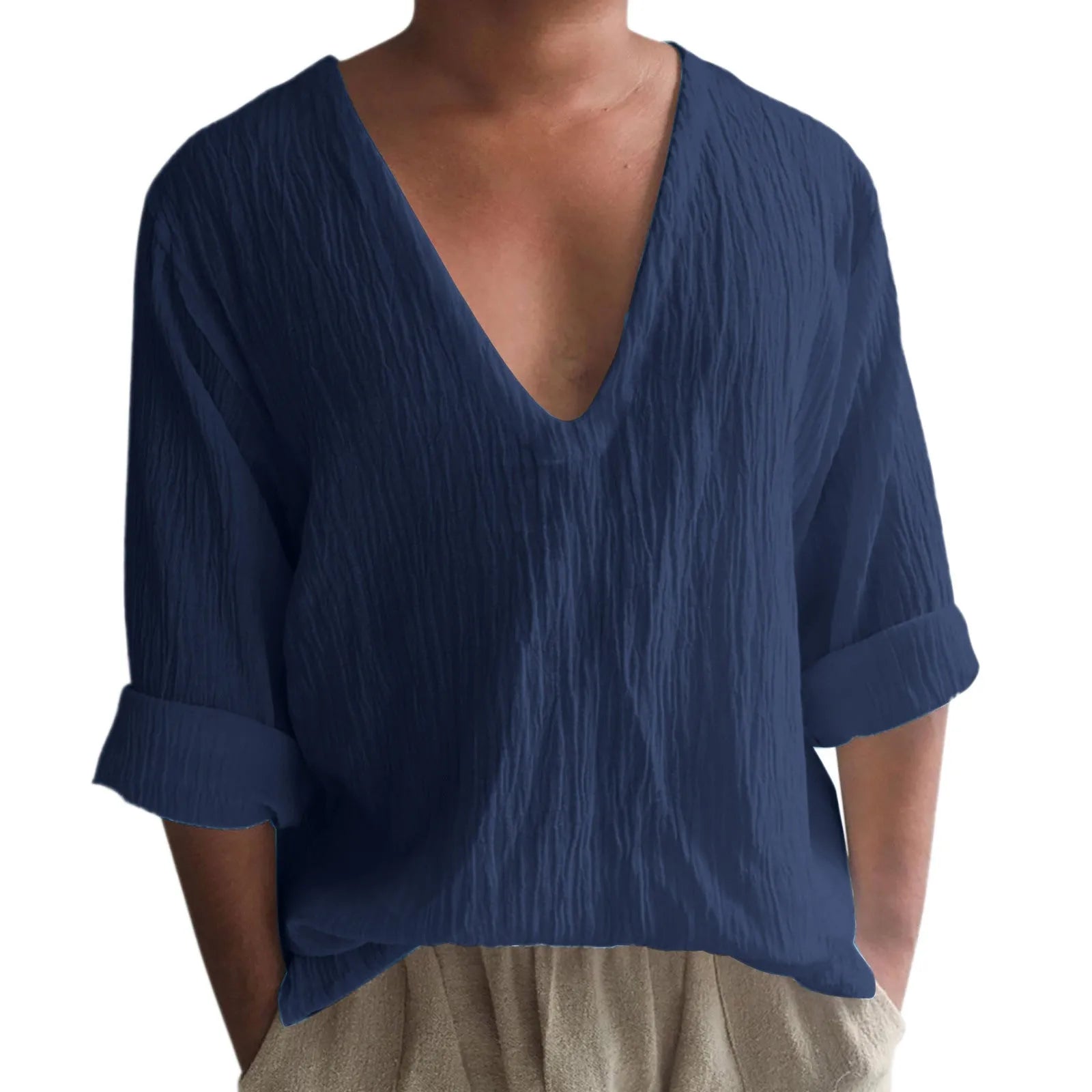 Men's long sleeve V-neck t-shirt in washed cotton fabric, shown in solid colour options.