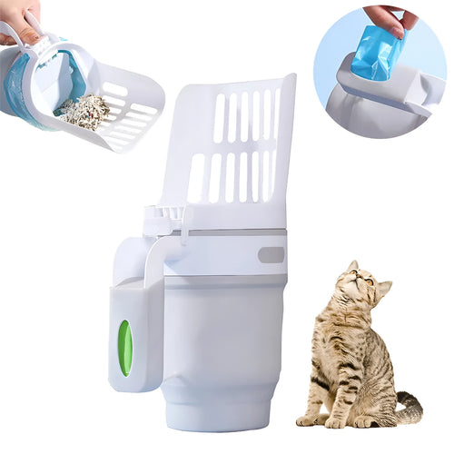 Grey self-cleaning cat litter scoop with attached waste bin and foldable bottom