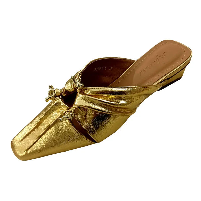 Women's leather half-toe slippers with square toe design in metallic colours