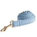 Blue teddy bear dog collar set with matching leash, bow, and vest on a pet
