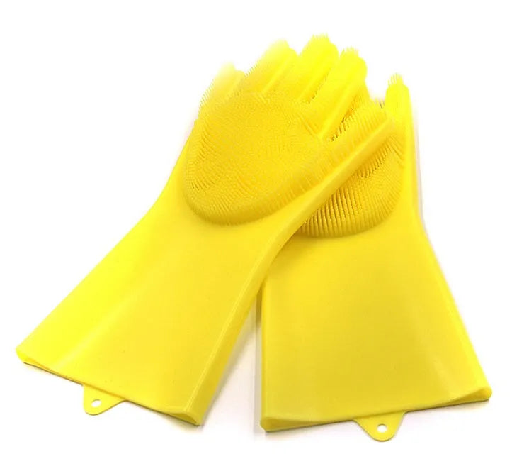 Blue silicone scrubbing gloves showing textured palm and finger surfaces for cleaning