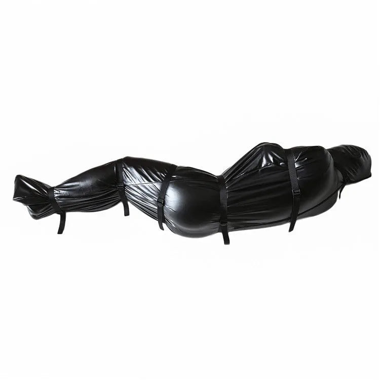 Black patent leather bondage restraint kit with body wrap and six ratchet tie down straps