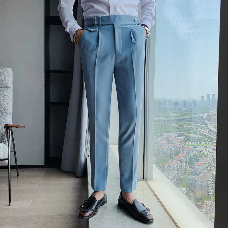 Men's straight-leg casual trousers in polyester fabric showing multiple solid colour options