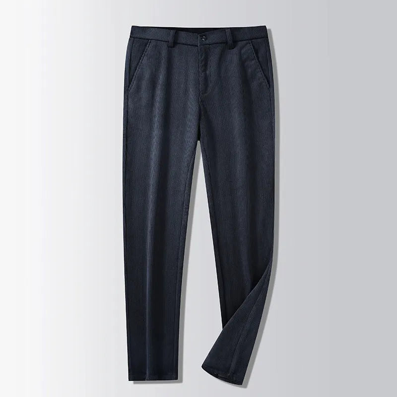 Men's straight-leg striped trousers in khaki colour shown laid flat, featuring a zip fly and no belt loops.
