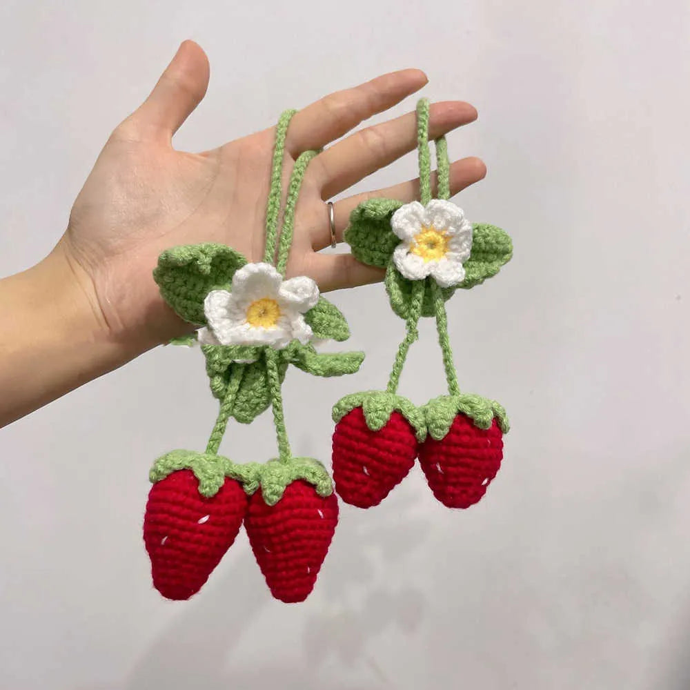 Handmade cotton and hemp knitted strawberry car pendant decorative ornament