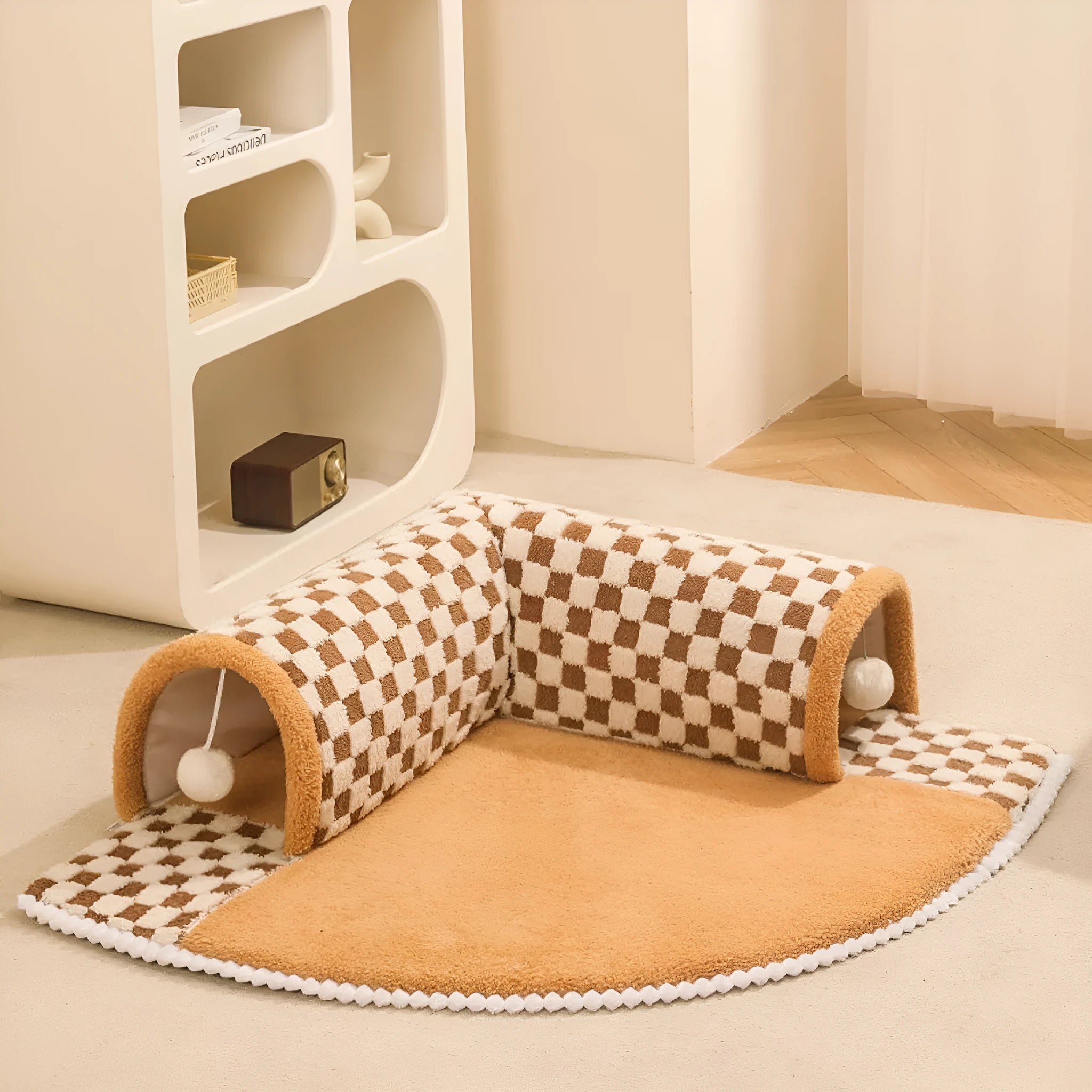 XL fan-shaped plush pet bed with integrated tunnel in coffee colour with plaid pattern