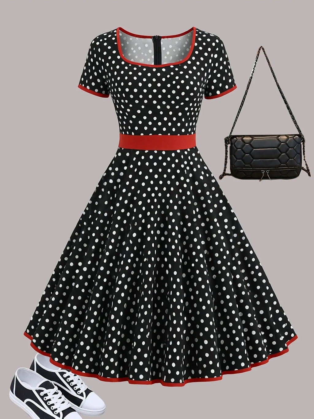 Women's multicolour polka dot midi dress with square collar and front zipper closure