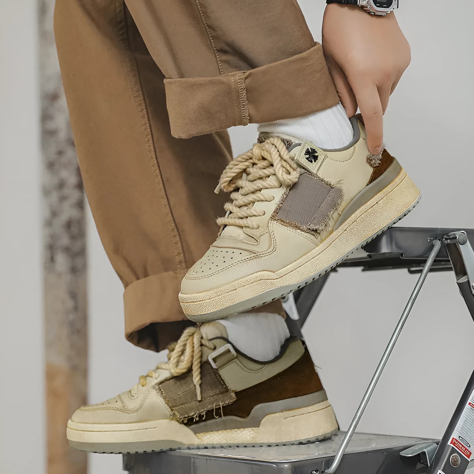 Beige vintage skateboard shoes with patch detailing, low-top design, and round toe