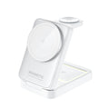 Folding magnetic three-in-one wireless charger in white ABS PC with phone watch and earbuds charging positions