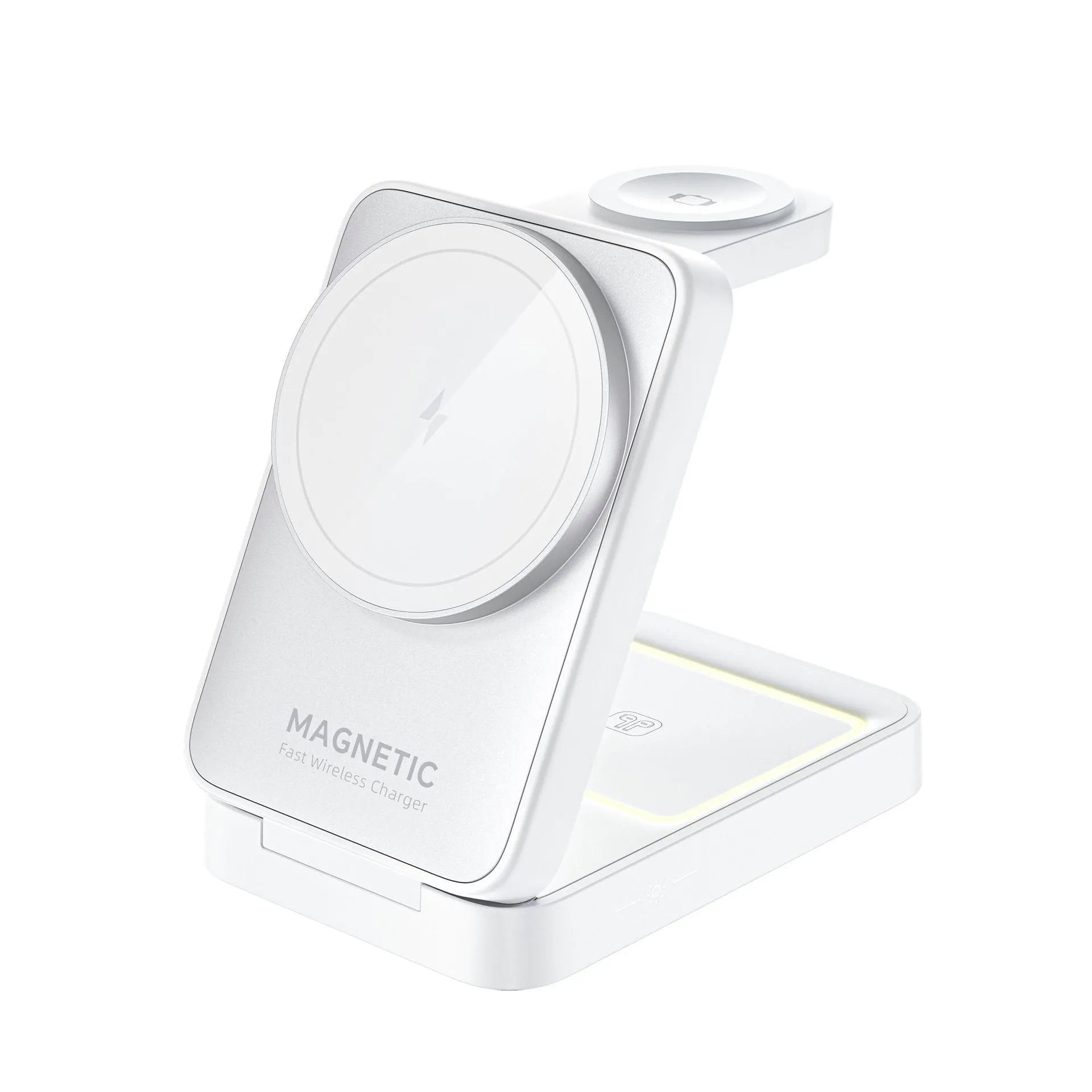 Folding magnetic three-in-one wireless charger in white ABS PC with phone watch and earbuds charging positions